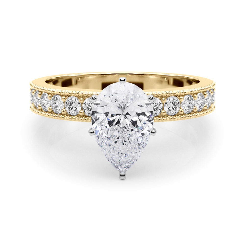 Yellow gold Pear Milgrain Pave Diamond Engagement Ring with Four-Prong Setting 1