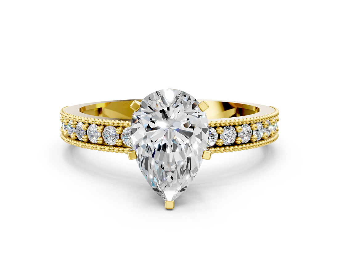 Yellow gold Pear Milgrain Pave Diamond Engagement Ring with Four-Prong Setting_133