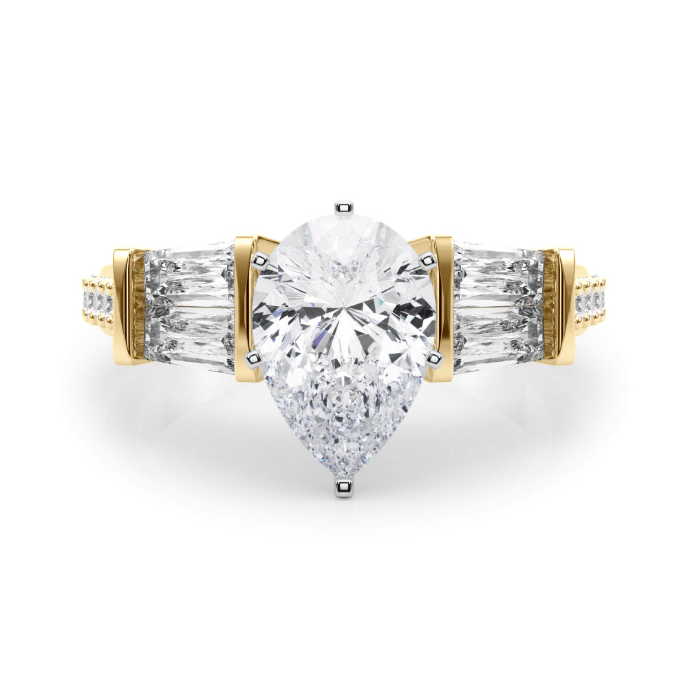 Yellow gold Pear Solitaire Baguette Side Stone Channel Set Engagement Ring 1