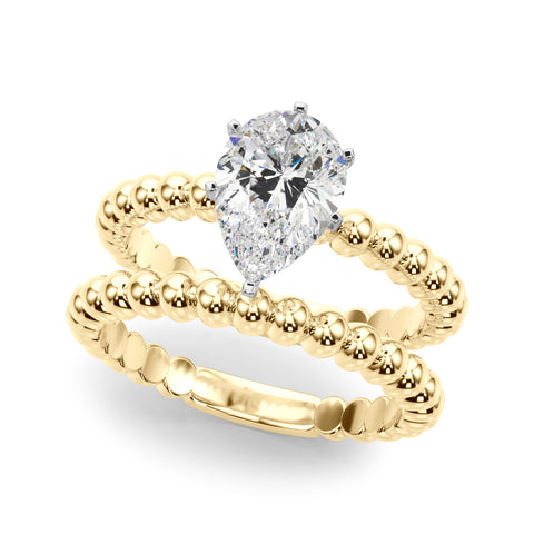 Yellow gold Pear Solitaire Beaded Band Prong Setting Ring 1