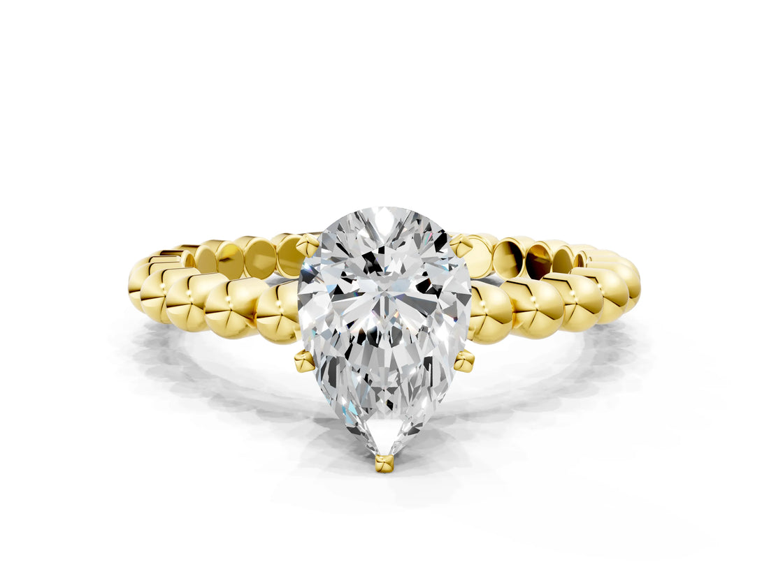 Yellow gold Pear Solitaire Beaded Band Prong Setting Ring