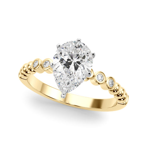 Yellow gold Pear Solitaire Bezel Accent Diamond Engagement Ring with Beaded Band and Four-Prong Setting