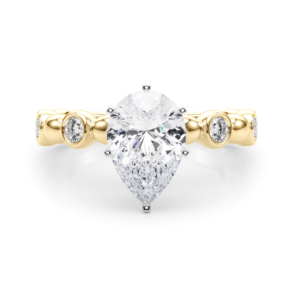 Yellow gold Pear Solitaire Bezel-Set Diamond Ring with Beaded Band and Four-Prong Setting 1