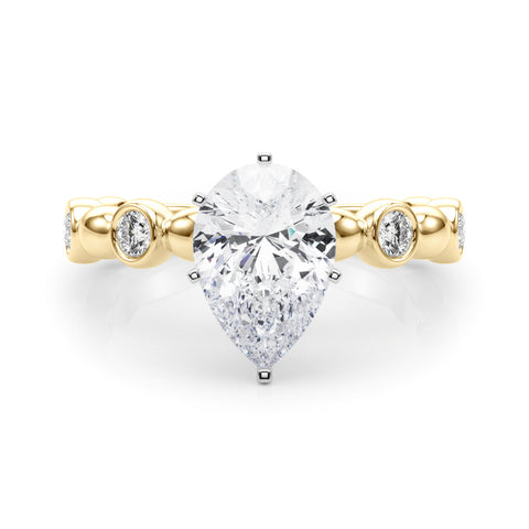 Yellow gold Pear Solitaire Bezel-Set Diamond Ring with Beaded Band and Four-Prong Setting 1