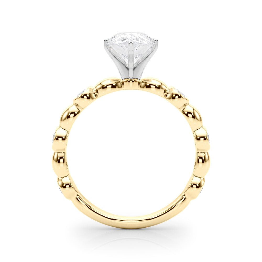 Yellow gold Pear Solitaire Bezel-Set Diamond Ring with Beaded Band and Four-Prong Setting 2