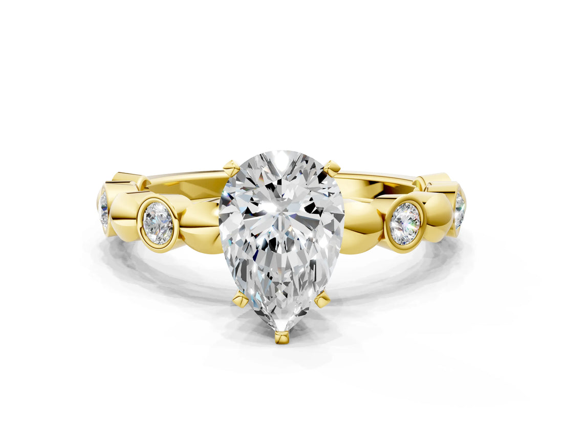 Yellow gold Pear Solitaire Bezel-Set Diamond Ring with Beaded Band and Four-Prong Setting_54
