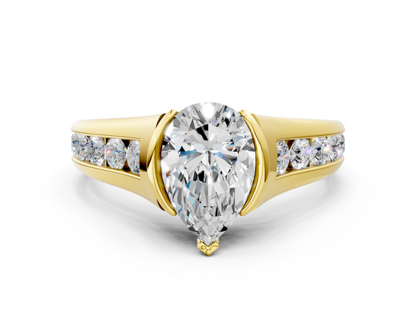 Yellow gold Pear Solitaire Bezel-Set Diamond Ring with Channel-Set Band