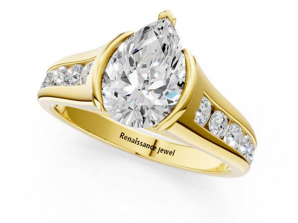 Yellow gold Pear Solitaire Bezel-Set Diamond Ring with Channel-Set Band