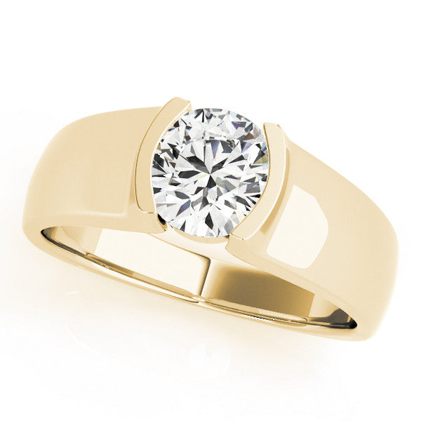 Yellow gold Cushion Solitaire Bezel Set Diamond Ring with Wide Band