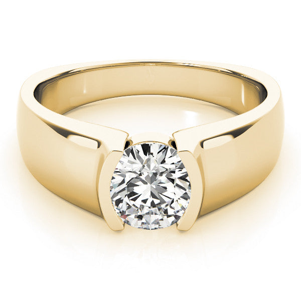 Yellow gold Cushion Solitaire Bezel Set Diamond Ring with Wide Band