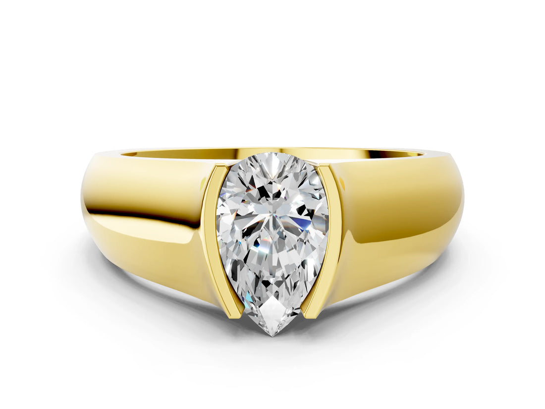Yellow gold Pear Solitaire Bezel Set Diamond Ring with Wide Band_3
