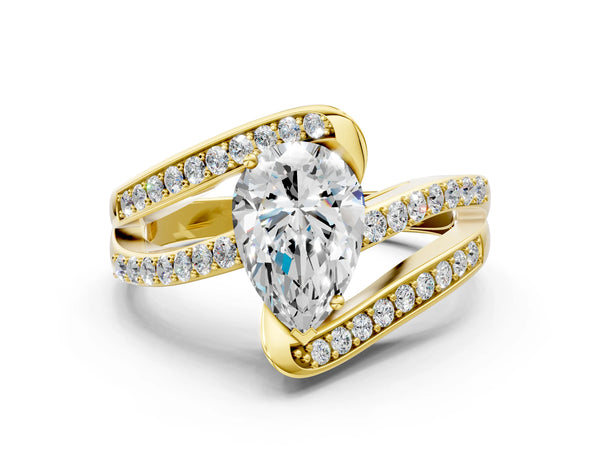 Yellow gold Pear Solitaire Bypass Diamond Engagement Ring with Channel-Set Band and Four-Prong Setting