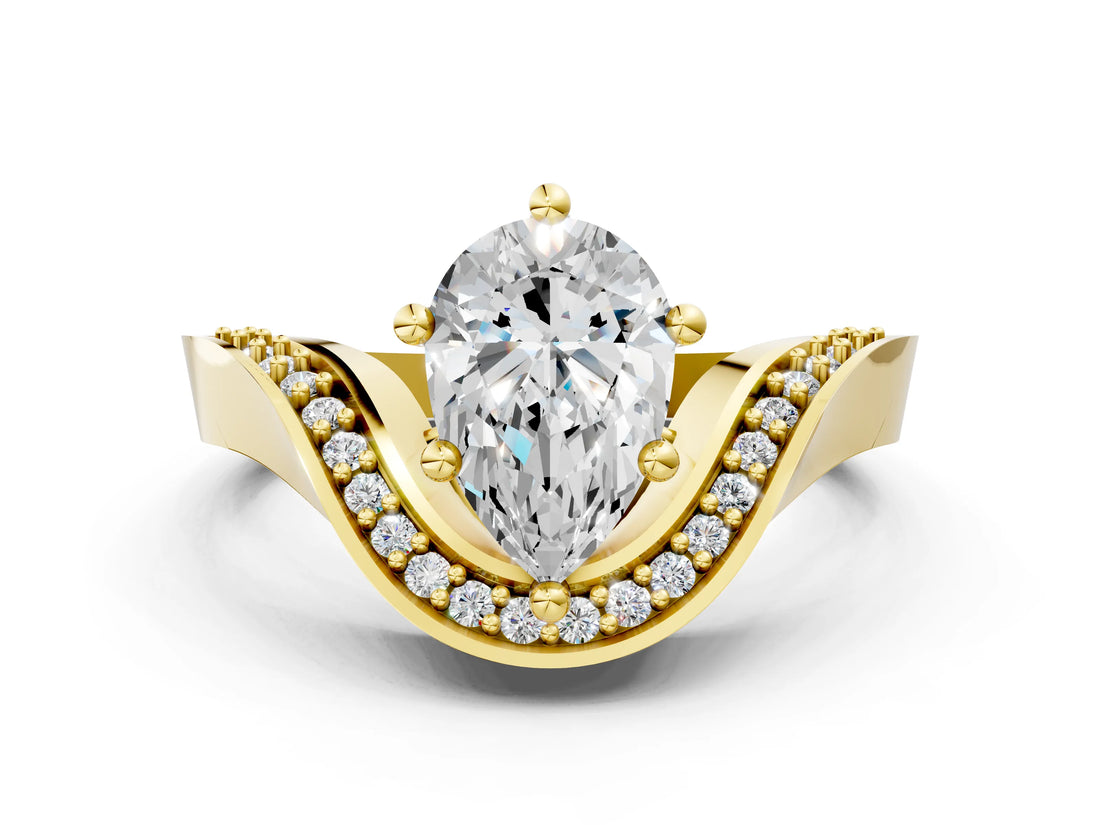 Yellow gold Pear Solitaire Diamond Engagement Ring with Pave Band and Four-Prong Setting 1
