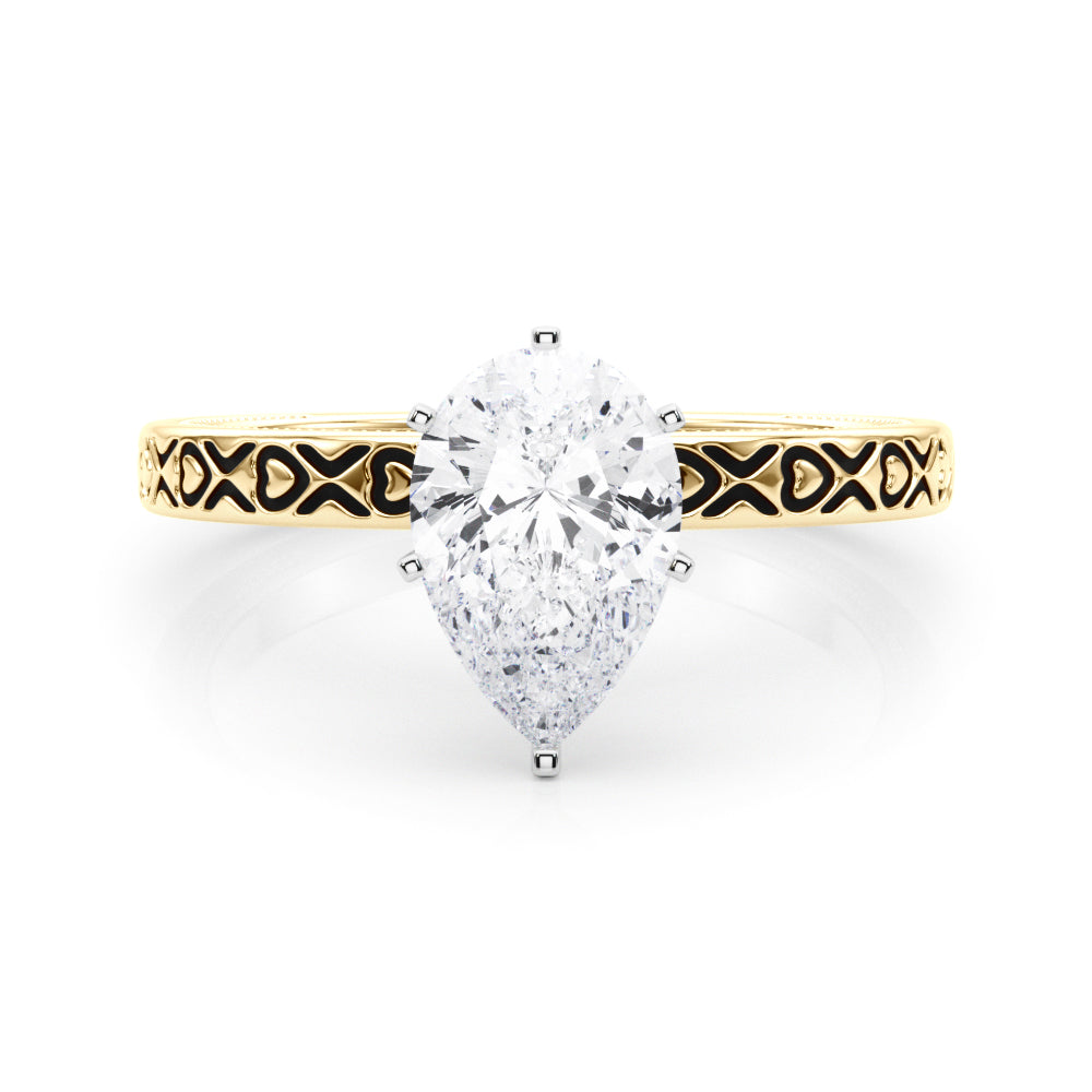 Yellow gold Pear Solitaire Diamond Engagement Ring with XO Engraved Band and Four-Prong Setting 1