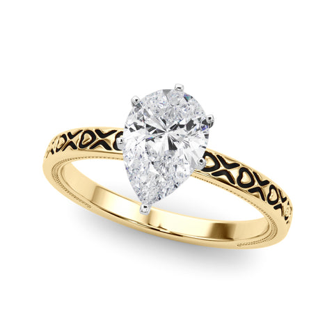 Yellow gold Pear Solitaire Diamond Engagement Ring with XO Engraved Band and Four-Prong Setting