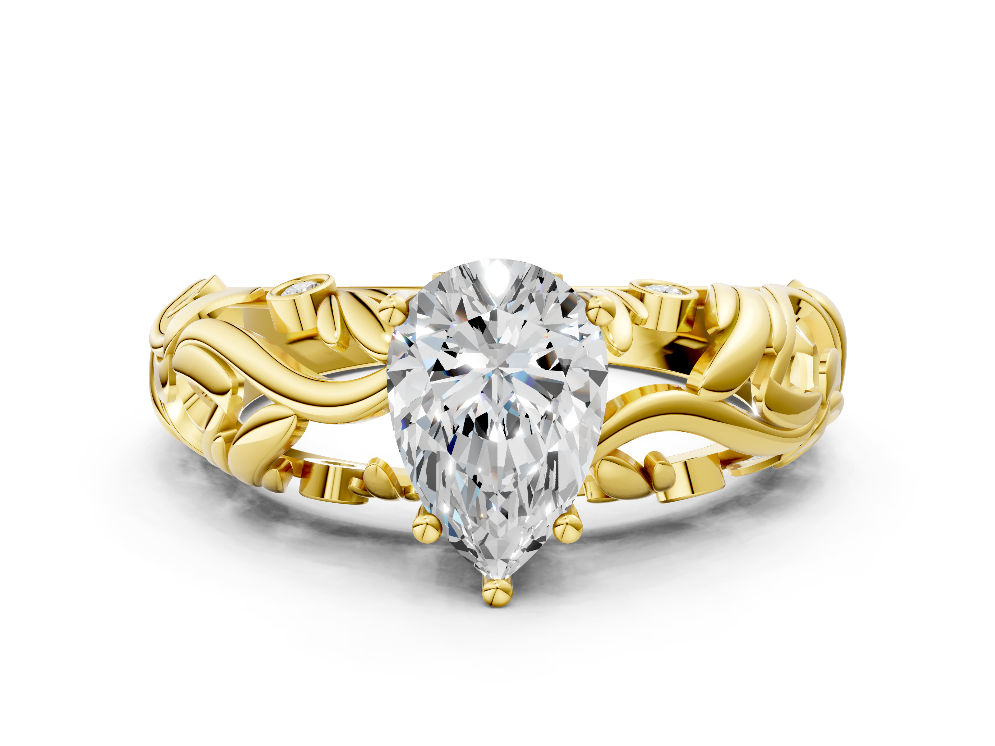 Yellow gold Pear Solitaire Diamond Leaf Vine Band with Prong Setting_51