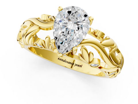 Yellow gold Pear Solitaire Diamond Leaf Vine Band with Prong Setting_52