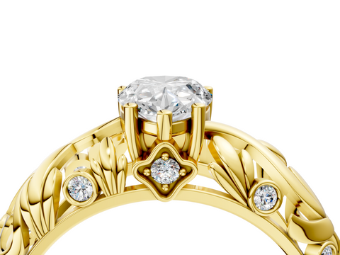 Yellow gold Pear Solitaire Diamond Leaf Vine Band with Prong Setting_55