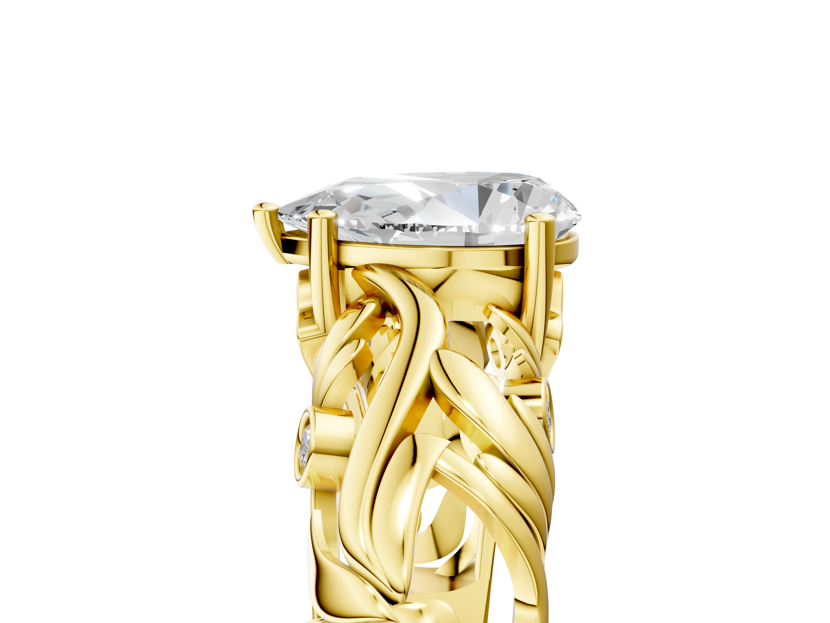 Yellow gold Pear Solitaire Diamond Leaf Vine Band with Prong Setting_56