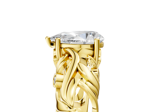 Yellow gold Pear Solitaire Diamond Leaf Vine Band with Prong Setting_56