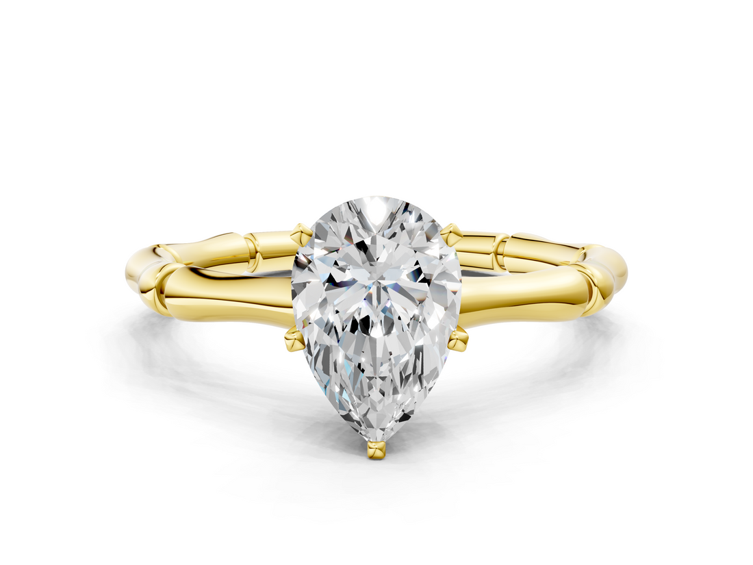 Yellow gold Pear Solitaire Diamond Ring with Bamboo Band and Four-Prong Setting_64