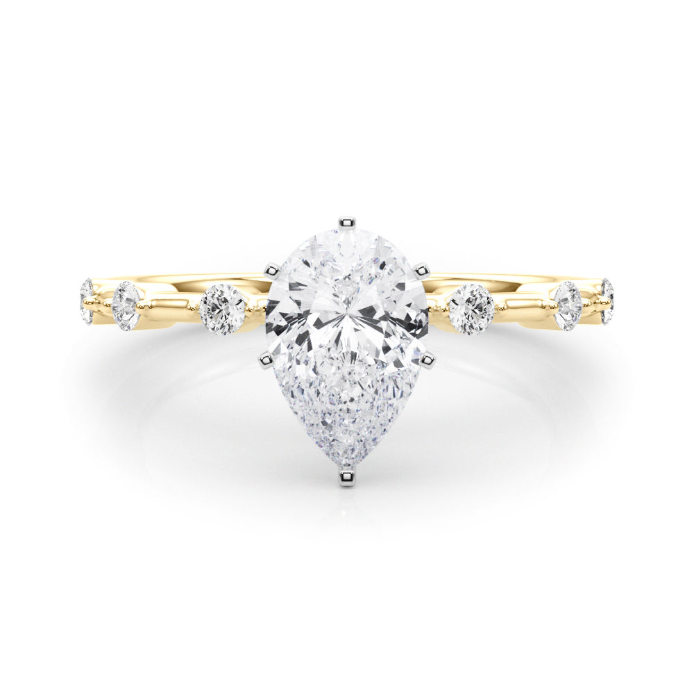 Yellow gold Pear Solitaire Diamond Ring with Bezel Set Side Stones and Prong Setting 1