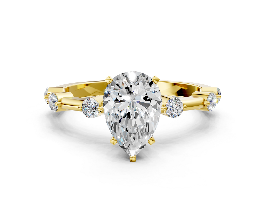 Yellow gold Pear Solitaire Diamond Ring with Bezel Set Side Stones and Prong Setting_21