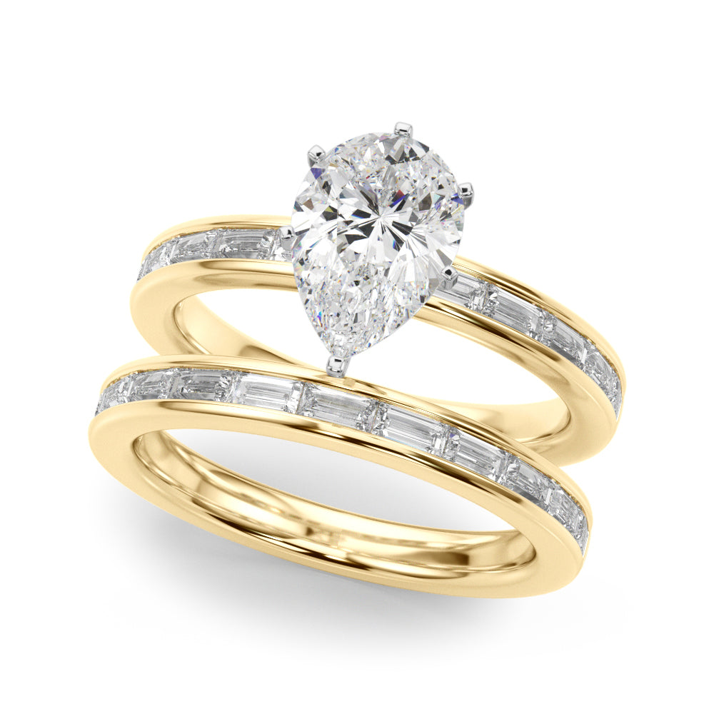 Yellow gold Pear Solitaire Diamond Ring with Channel-Set Baguette Band and Four-Prong Setting 1