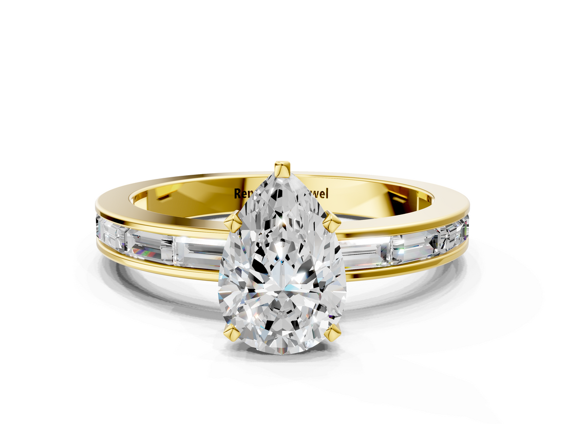 Yellow gold Pear Solitaire Diamond Ring with Channel-Set Baguette Band and Four-Prong Setting_92
