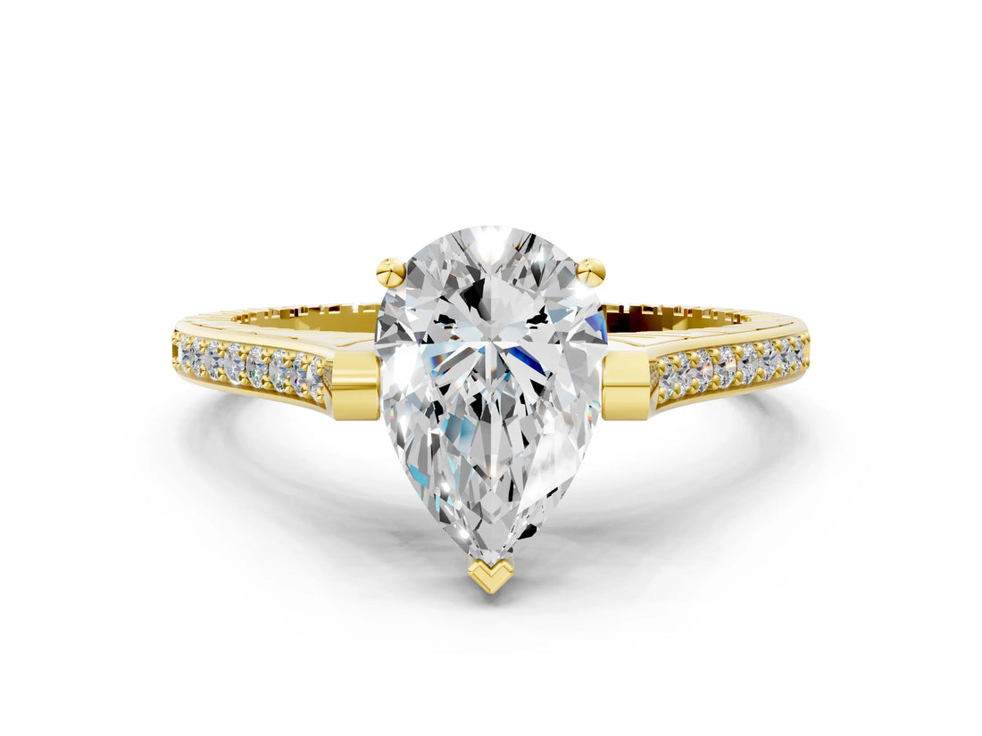 Yellow gold Pear Solitaire Diamond Ring with Channel Set Band and Bezel Prong Setting_80