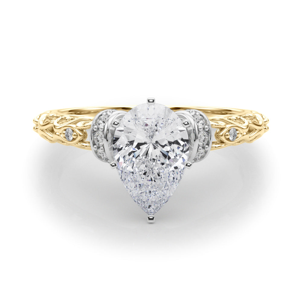 Yellow gold Pear Solitaire Diamond Ring with Filigree Band and Four-Prong Setting 1