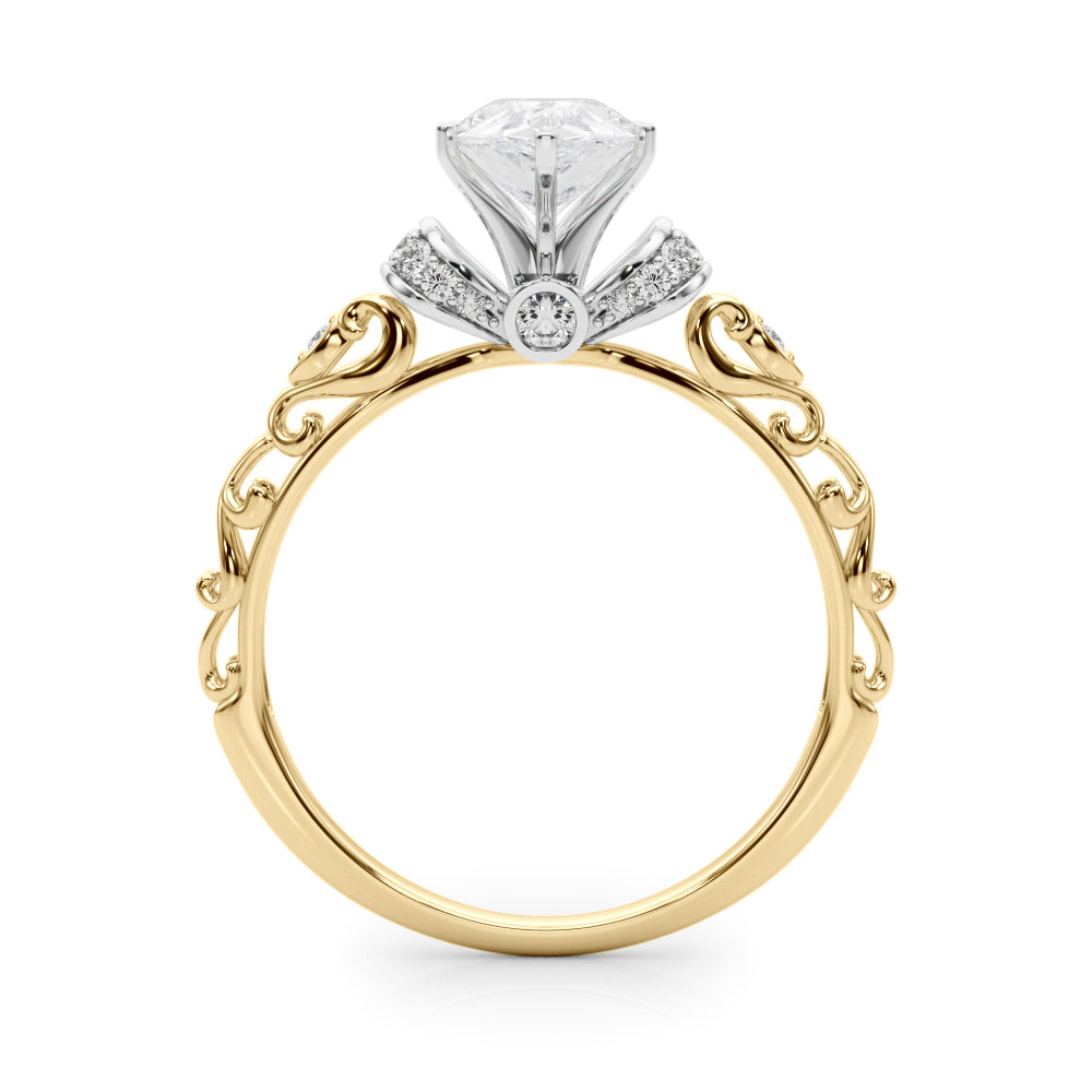 Yellow gold Pear Solitaire Diamond Ring with Filigree Band and Four-Prong Setting 2