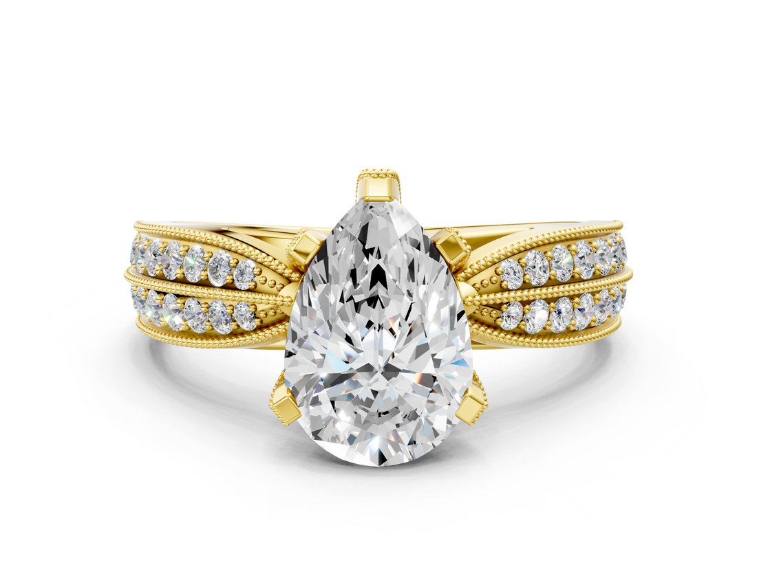 Yellow gold Pear Solitaire Diamond Ring with Milgrain Pavé Band and Four-Prong Setting_156