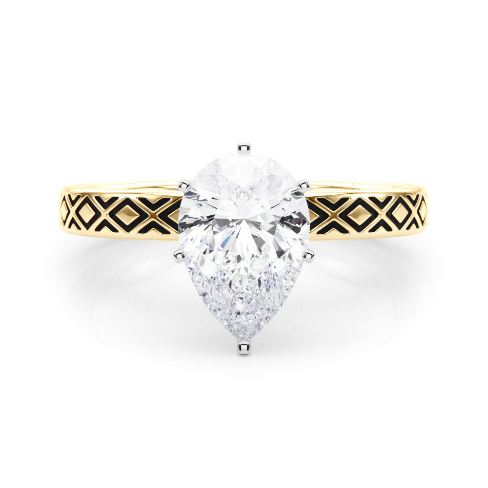 Yellow gold Pear Solitaire Diamond Ring with Milgrain and Black Enamel X Pattern Band 1