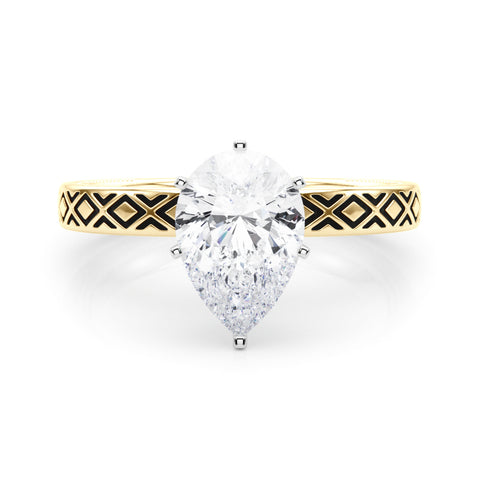Yellow gold Pear Solitaire Diamond Ring with Milgrain and Black Enamel X Pattern Band 1