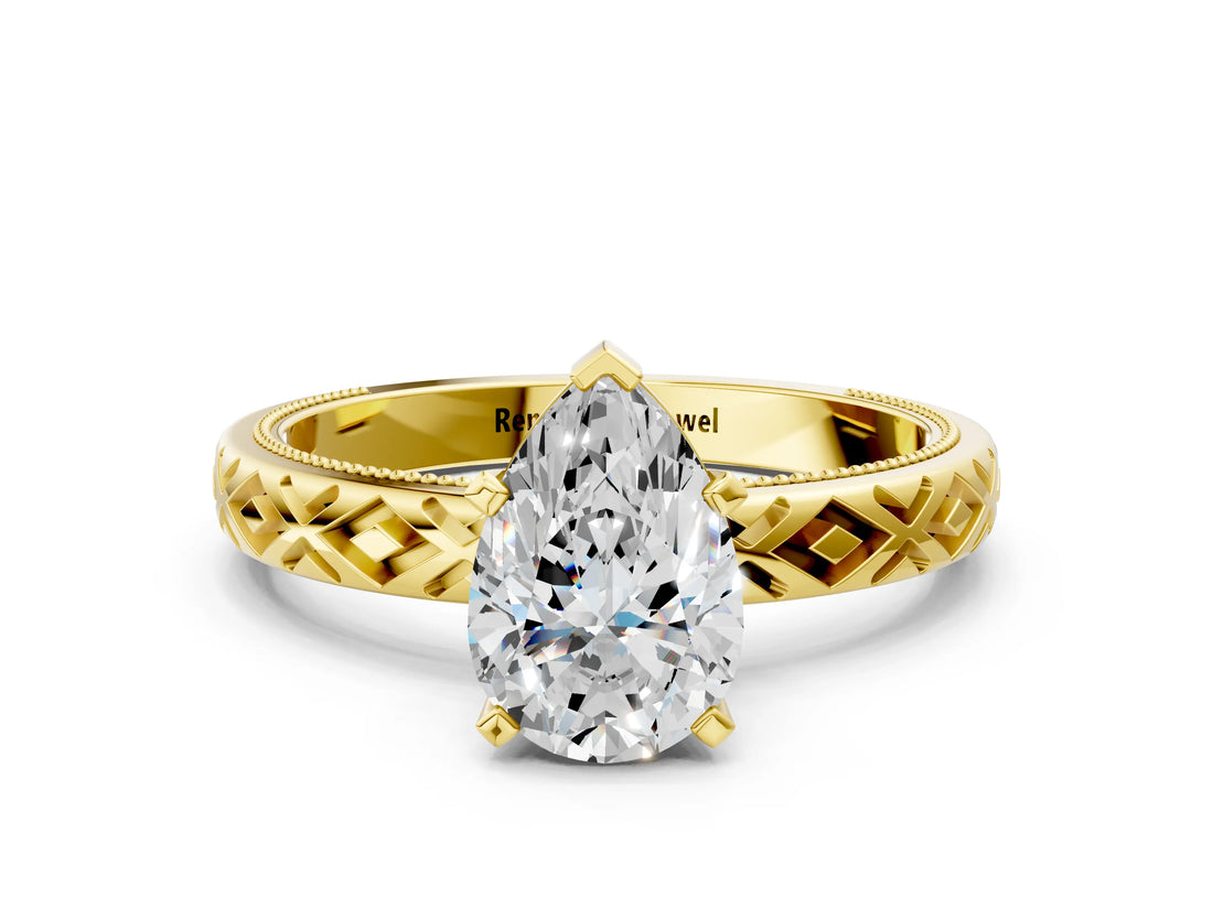 Yellow gold Pear Solitaire Diamond Ring with Milgrain and Black Enamel X Pattern Band_169