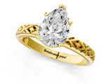 Yellow gold Pear Solitaire Diamond Ring with Milgrain and Black Enamel X Pattern Band_170