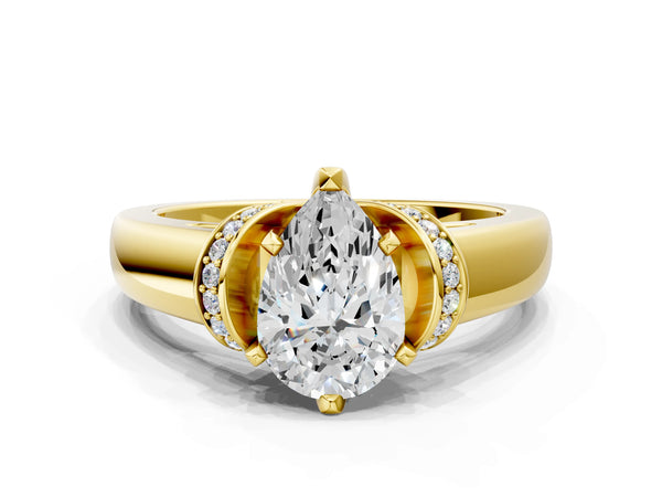 Yellow gold Pear Solitaire Diamond Ring with Pave Band and Six-Prong Setting