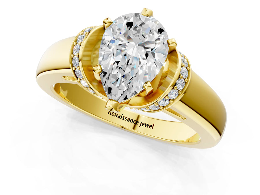 Yellow gold Pear Solitaire Diamond Ring with Pave Band and Six-Prong Setting