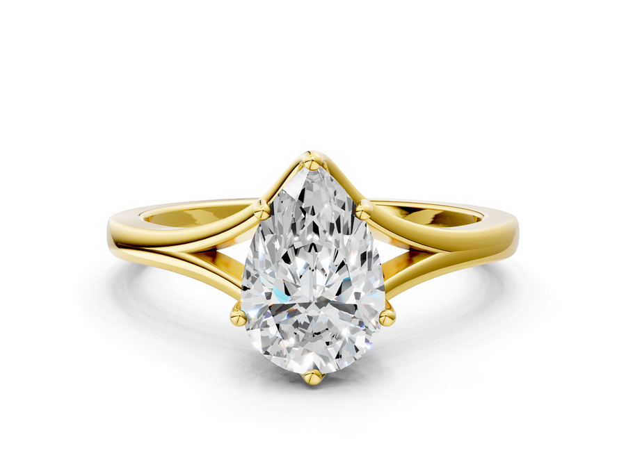 Yellow gold Pear Solitaire Diamond Ring with Six-Prong Setting and Tapered Band