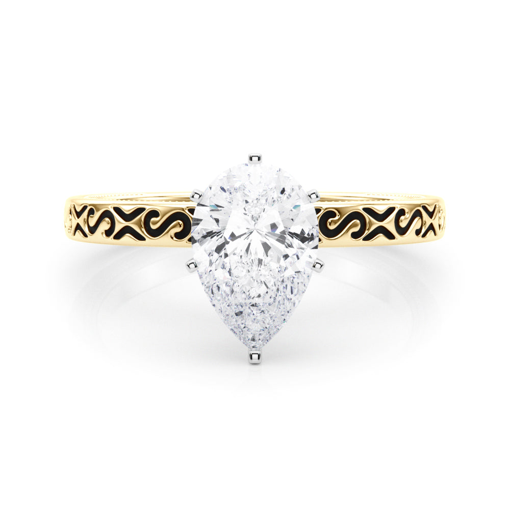 Yellow gold Pear Solitaire Engagement Ring with Scrollwork Band and Four-Prong Setting 1