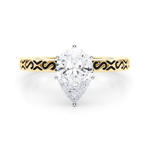 Yellow gold Pear Solitaire Engagement Ring with Scrollwork Band and Four-Prong Setting 1