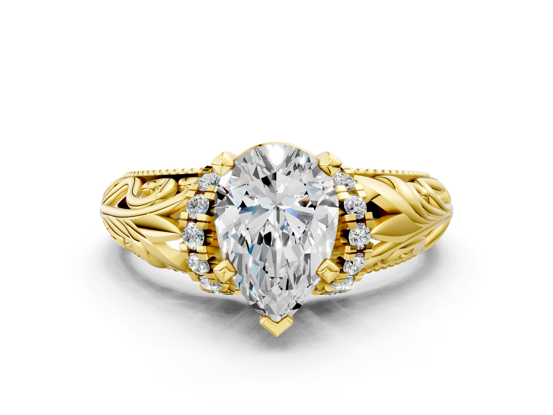 Yellow gold Pear Solitaire Filigree Engagement Ring with Halo and Prong Setting_54