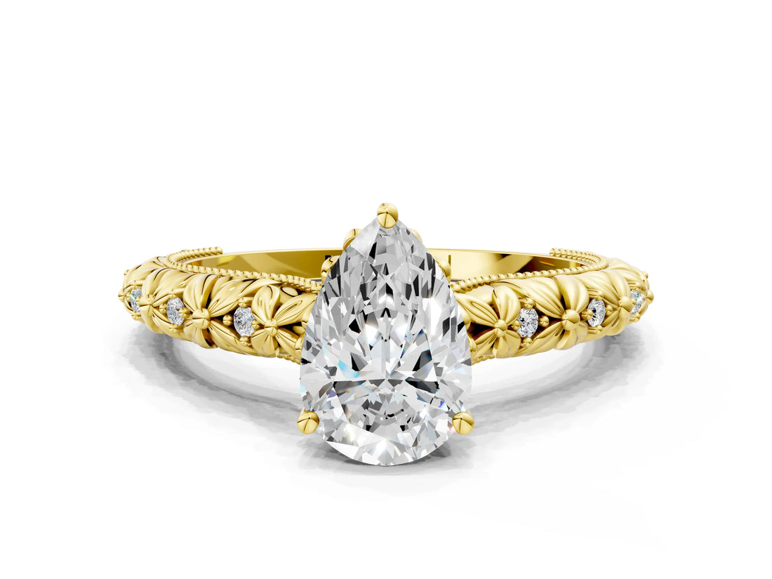 Yellow gold Pear Solitaire Floral Milgrain Engagement Ring_55