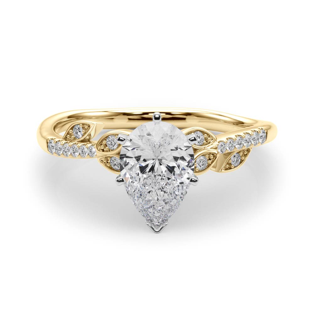 Yellow gold Pear Solitaire Leaf-Inspired Diamond Ring with Pavé Band and Four-Prong Setting 1