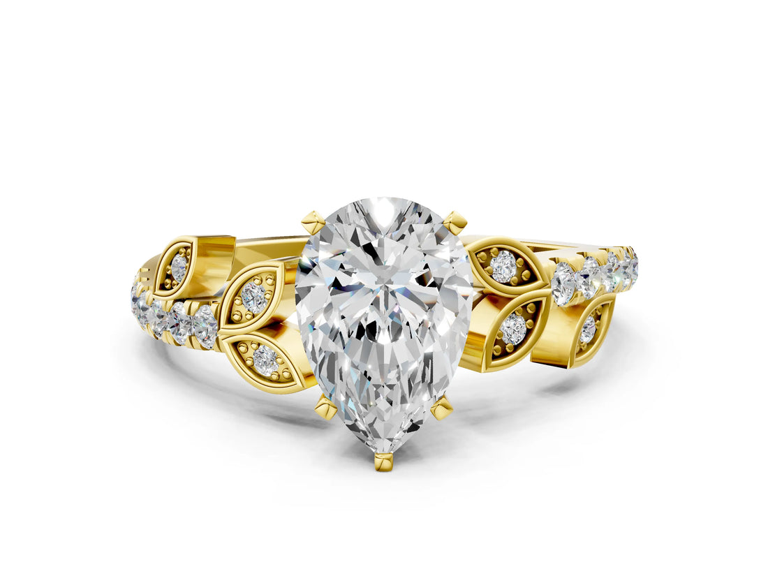 Yellow gold Pear Solitaire Leaf-Inspired Diamond Ring with Pavé Band and Four-Prong Setting_4
