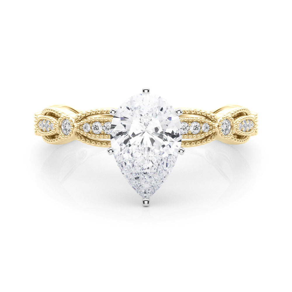 Yellow gold Pear Solitaire Milgrain Diamond Engagement Ring with Bezel and Marquise Band 1
