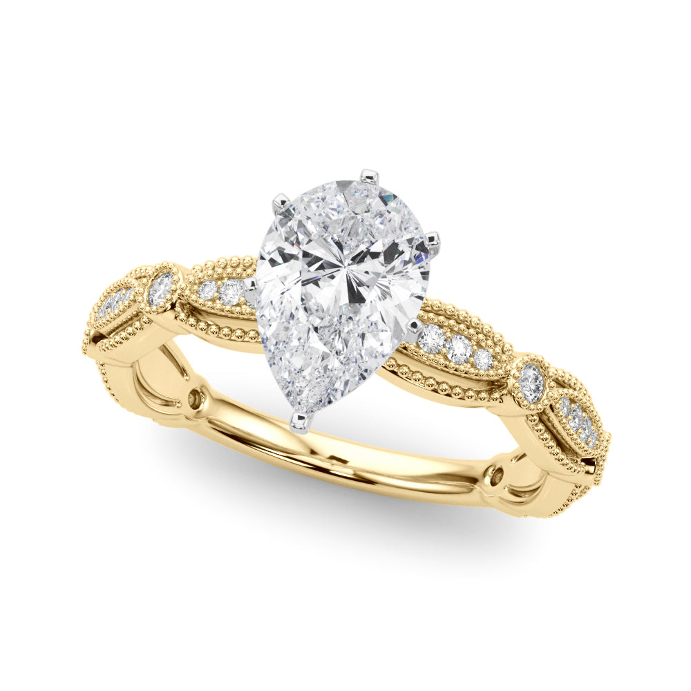 Yellow gold Pear Solitaire Milgrain Diamond Engagement Ring with Bezel and Marquise Band