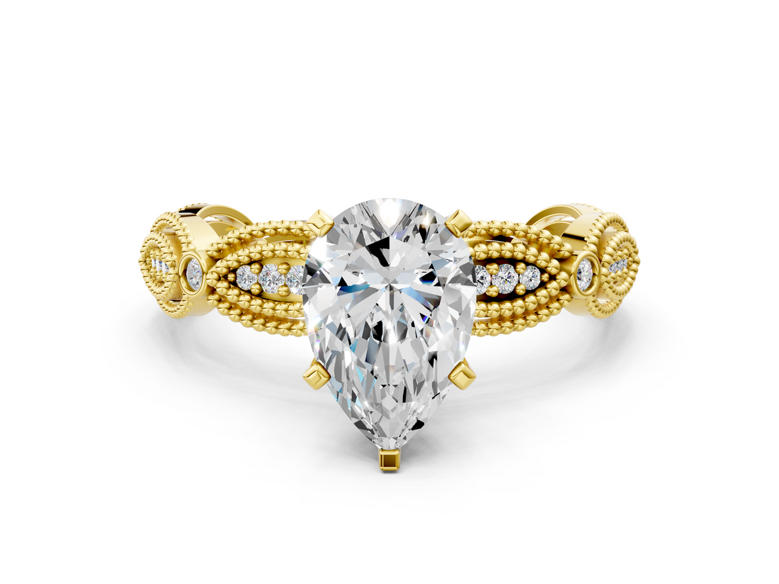 Yellow gold Pear Solitaire Milgrain Diamond Engagement Ring with Bezel and Marquise Band_133