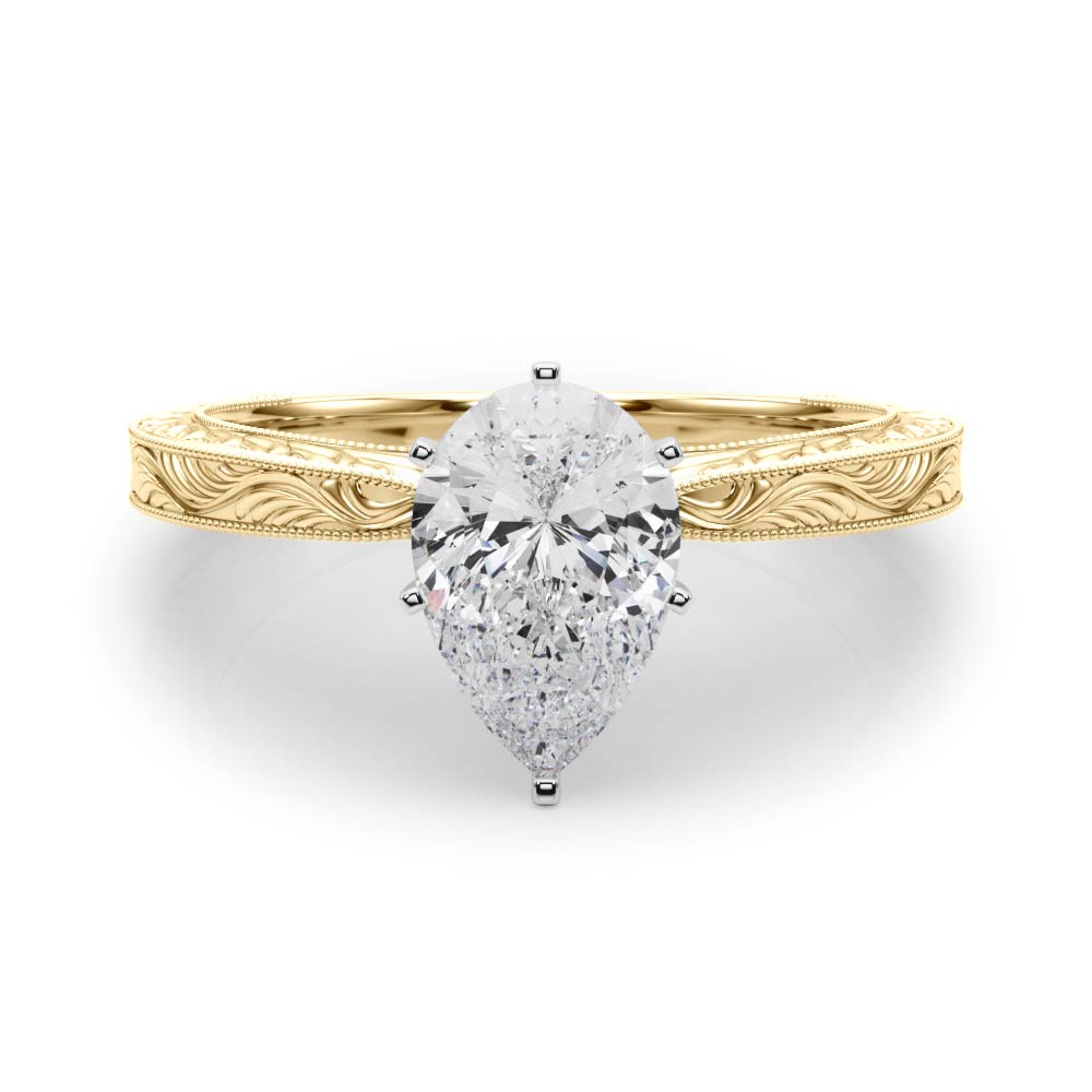Yellow gold Pear Solitaire Milgrain Engraved Band with Four-Prong Setting 1